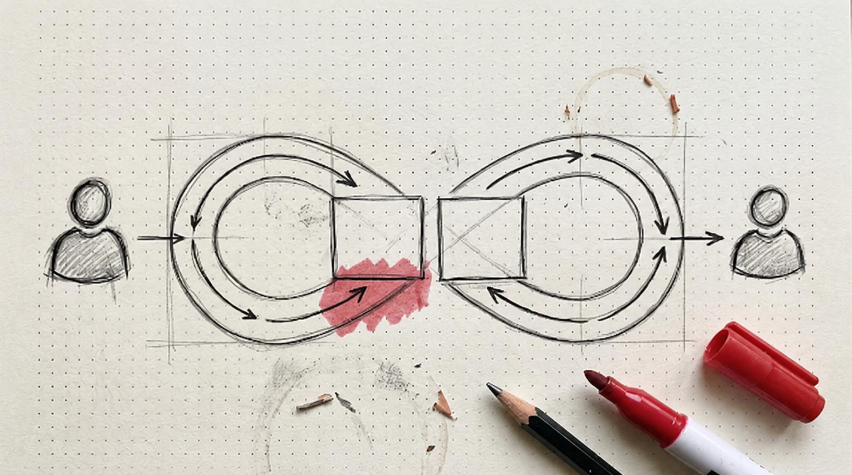 Hand-drawn sketch on dotted paper: two figures at the sides with looping arrows between central squares, pencil and red marker on the desk.